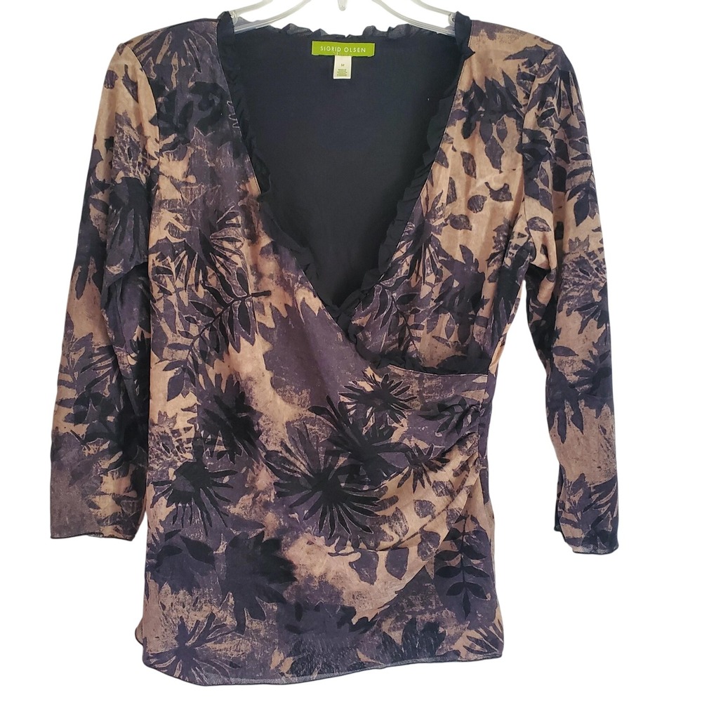 Sigrid Olsen Shirt Womens Medium Brown Black Floral Mesh Surplice Top Sheer Boho